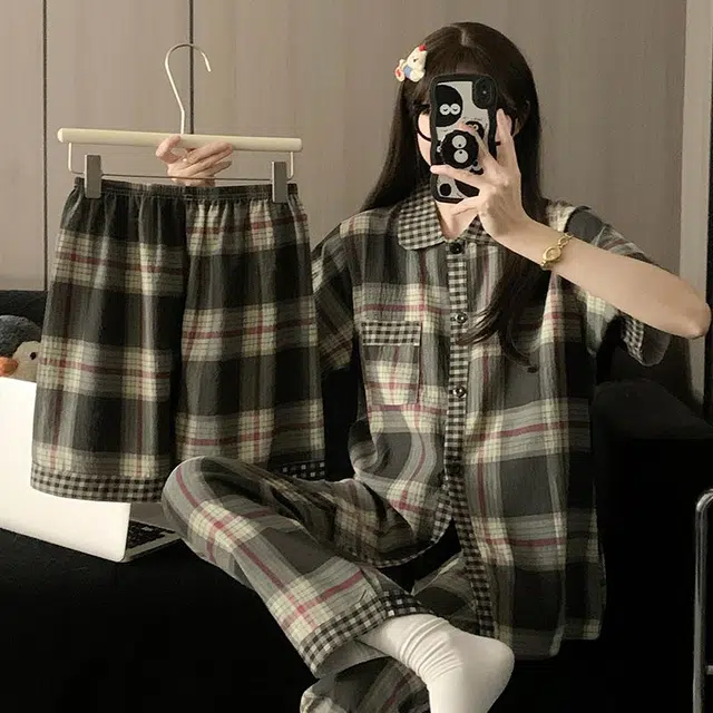 夏芬妍 柔软舒适经典格子云朵棉翻领开衫家居服亲肤休闲短袖三件套时尚可外穿夏季睡衣套装 男女同款