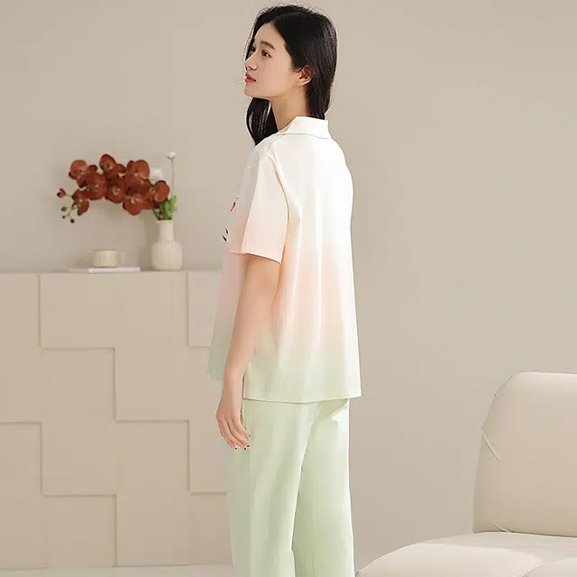 夏芬妍 时尚柔软亲肤爱心渐变色翻领开衫家居服简约休闲舒适短袖长裤可外穿睡衣套装 女款 渐变绿