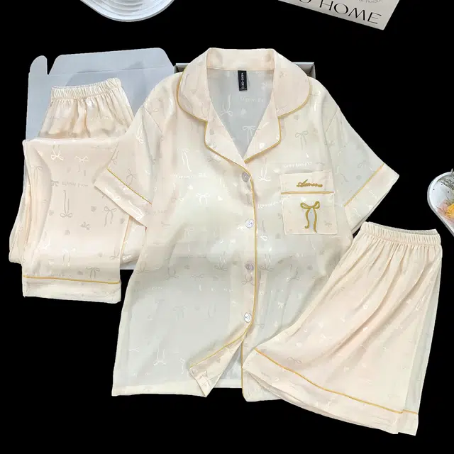 夏芬妍 简约休闲高级感蝴蝶结冰丝翻领带胸垫家居服舒适亲肤宽松短袖三件套可外穿睡衣套装 女款 杏色