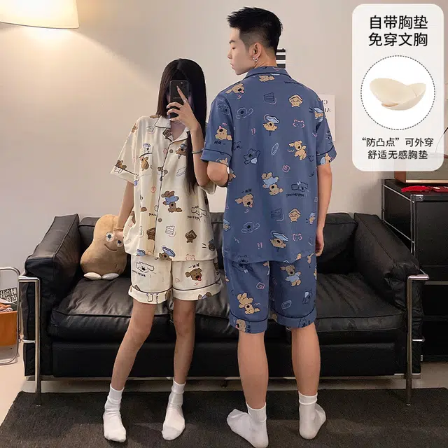 夏芬妍 柔软舒适休闲翻领开衫亲肤时尚可外穿家居服睡衣套装 男女同款