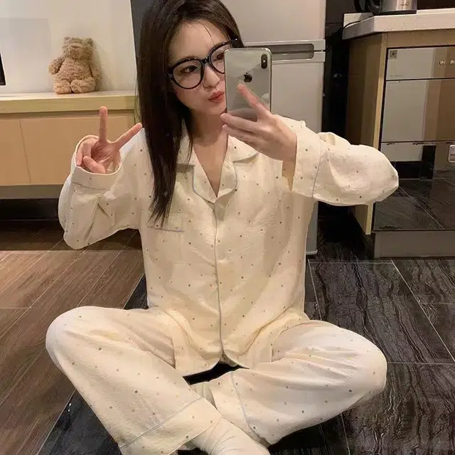 夏芬妍 柔软舒适彩色波点云朵棉开衫家居服亲肤休闲长袖长裤可外穿春秋款睡衣套装 女款 杏色