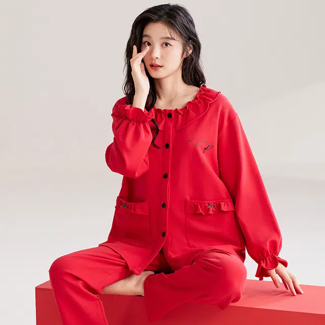 夏芬妍 亲肤舒适花边拼接纯棉家居服简约休闲长袖长裤可外穿喜庆本命年睡衣套装 女款 红色