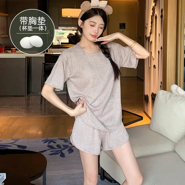 夏芬妍 柔软舒适慵懒风纯色圆领家居服亲肤休闲带胸垫短袖短裤时尚可外穿睡衣套装 女款 卡其色