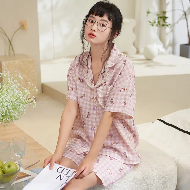 夏芬妍 甜美柔软舒适可爱手绘花朵云朵棉翻领家居服亲肤休闲短袖短裤可外穿睡衣套装 女款 粉色
