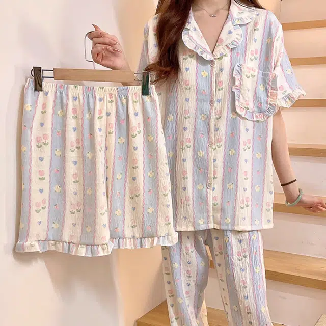 夏芬妍 柔软舒适条纹郁金香碎花云朵棉翻领开衫带胸垫家居服亲肤休闲短袖三件套时尚可外穿睡衣套装 女款 淡蓝色
