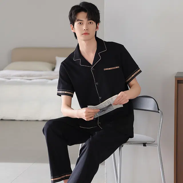 夏芬妍 简约时尚大方柔软舒适纯色字母边翻领家居服亲肤休闲短袖长裤可外穿睡衣套装 男款