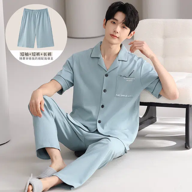 夏芬妍 简约舒适纯色纯棉翻领家居服亲肤宽松休闲短袖短裤长裤三件套时尚可外穿睡衣套装 男款 青蓝色