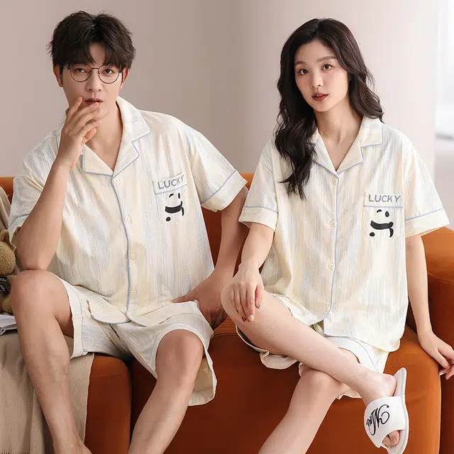 夏芬妍 柔软舒适条纹熊猫纯棉翻领家居服休闲舒适短袖短裤时尚可外穿 睡衣套装 男女同款