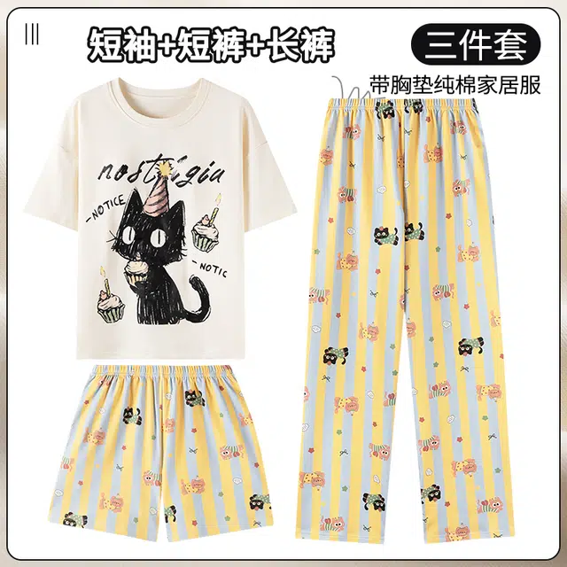 夏芬妍 亲肤舒适条纹蛋糕小猫纯棉圆领带胸垫家居服柔软休闲短袖三件套时尚可外穿 睡衣套装 女款