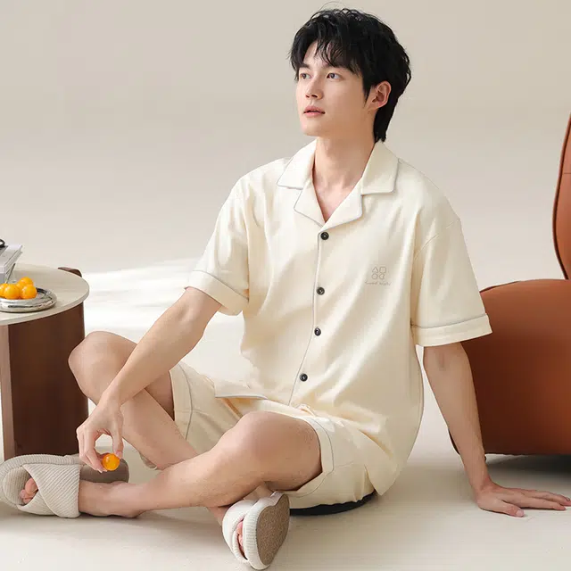 夏芬妍 简约舒适柔软高级感纯色纯棉翻领开衫家居服亲肤休闲短袖短裤时尚可外穿睡衣套装 男款 杏色