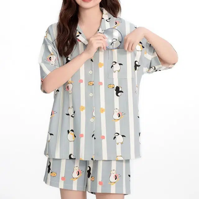 夏芬妍 甜美休闲舒适时尚条纹企鹅纯棉翻领家居服亲肤宽松短袖短裤可外穿睡衣套装 女款 蓝色