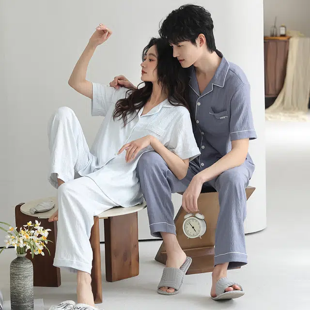 夏芬妍 柔软舒适纯色云朵棉时尚翻领开衫家居服休闲亲肤可外穿短袖长裤睡衣套装 男女同款