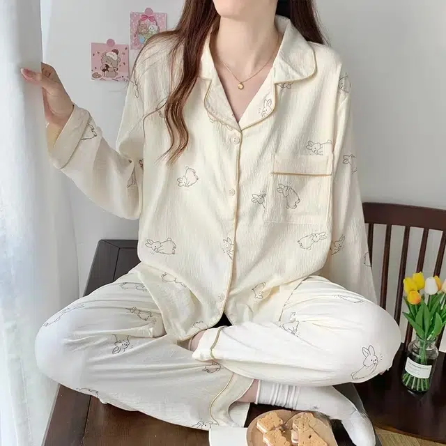 夏芬妍 柔软舒适开衫亲肤休闲长袖长裤可外穿家居服睡衣套装 女款 礼盒装 杏色