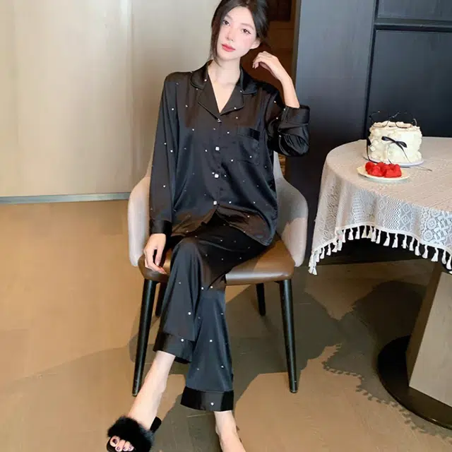 夏芬妍 简约舒适高级感气质暗夜之星翻领家居服亲肤休闲长袖长裤可外穿睡衣套装 女款 黑色