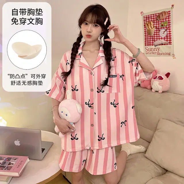 夏芬妍 柔软舒适条纹蝴蝶结翻领开衫家居服亲肤短袖短裤休闲带胸垫可外穿睡衣套装 女款
