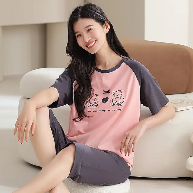 夏芬妍 时尚柔软亲肤圆领家居服简约休闲舒适短袖七分裤可外穿睡衣套装 女款 深灰色