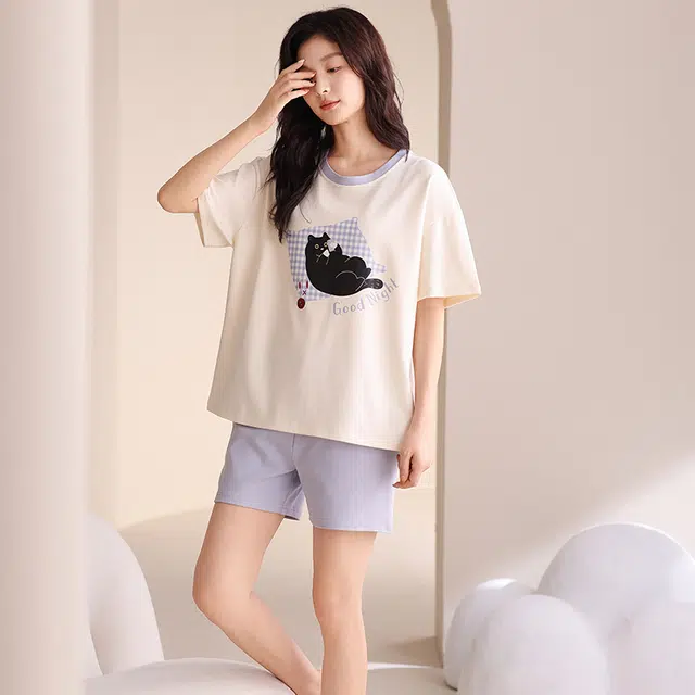 夏芬妍 简约休闲熬夜小猫舒适亲肤宽松短袖短裤时尚圆领可外穿家居服睡衣套装 女款 杏色