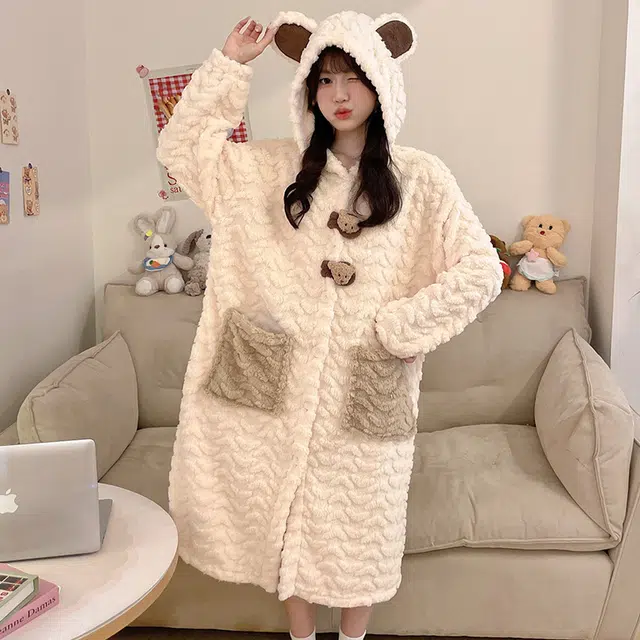 夏芬妍 舒适亲肤柔软可爱小熊卡通连帽家居服加绒加厚蓄温保暖长袖可外穿秋冬款睡袍/浴袍 女款 杏色