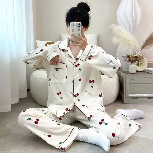 夏芬妍 柔软舒适开衫家居服亲肤休闲长袖长裤可外穿睡衣套装 女款 杏色