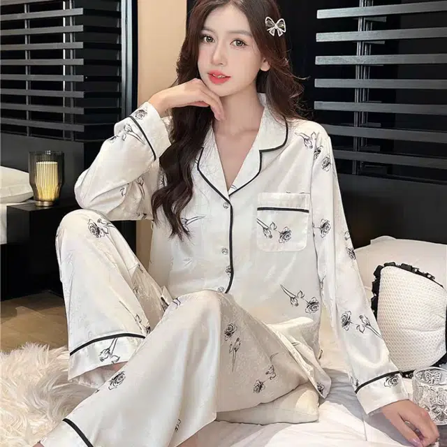 夏芬妍 简约休闲翻领家居服舒适亲肤长袖长裤可外穿睡衣套装 女款 白色