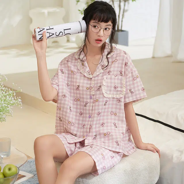 夏芬妍 甜美柔软舒适可爱手绘花朵云朵棉翻领家居服亲肤休闲短袖短裤可外穿睡衣套装 女款 粉色