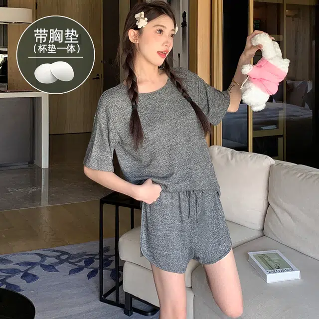 夏芬妍 柔软舒适慵懒风纯色圆领家居服亲肤休闲带胸垫短袖短裤时尚可外穿睡衣套装 女款 深灰色