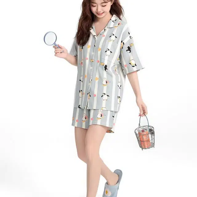 夏芬妍 甜美休闲舒适时尚条纹企鹅纯棉翻领家居服亲肤宽松短袖短裤可外穿睡衣套装 女款 蓝色