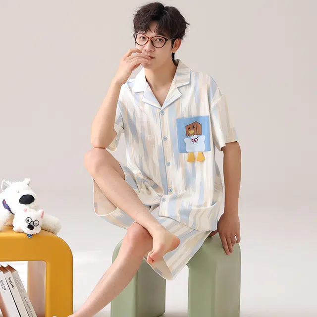 夏芬妍 柔软舒适卡通小鸭纯棉翻领家居服休闲舒适短袖时尚可外穿睡衣套装 男女同款