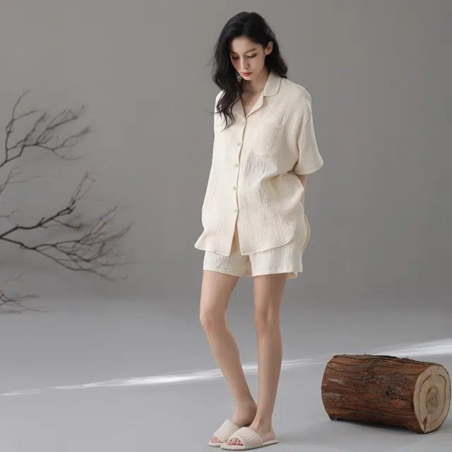 夏芬妍 简约轻盈柔软舒适纯色翻领家居服休闲亲肤短袖可外穿睡衣套装 男女同款