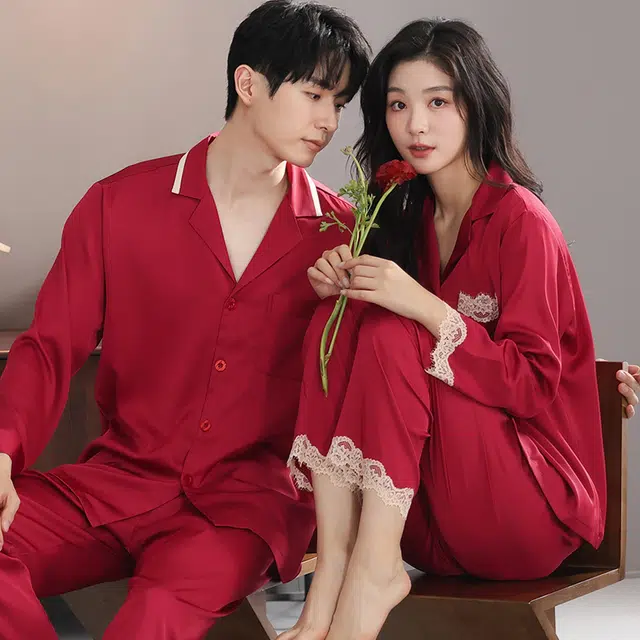 夏芬妍 大红喜庆系列  舒适丝滑柔软结婚本命年翻领冰丝家居服休闲长袖长裤短袖短裤可外穿睡衣套装 男女同款