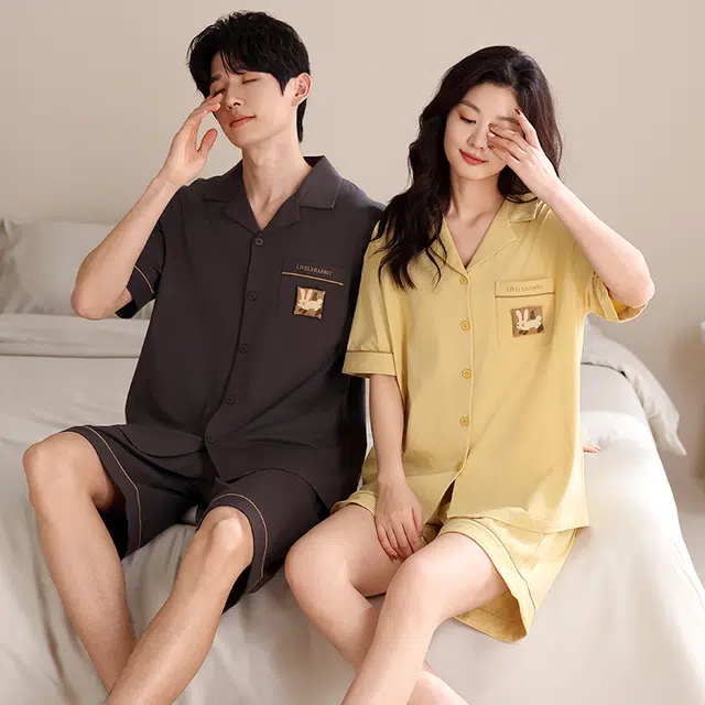 夏芬妍 简约舒适柔软纯色卡通兔子纯棉翻领家居服透气亲肤宽松短袖短裤可外穿睡衣套装 男女同款
