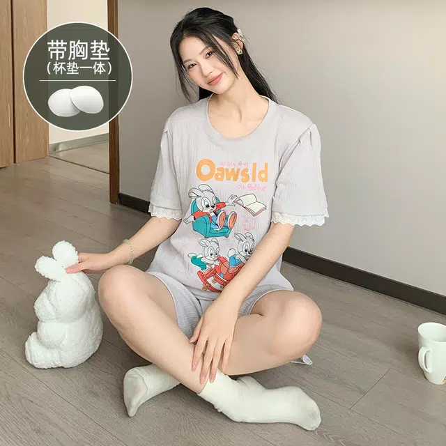 夏芬妍 柔软舒适慵懒风卡通兔子圆领家居服亲肤休闲带胸垫短袖短裤时尚可外穿睡衣套装 女款 灰色