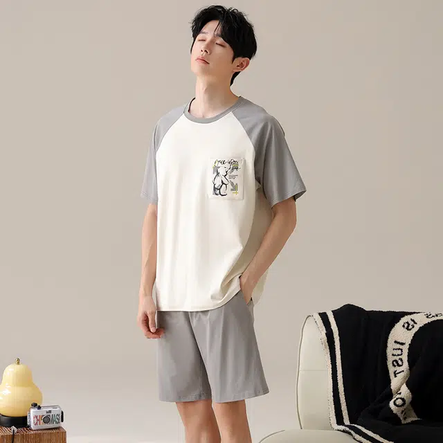夏芬妍 亲肤舒适小熊贴袋纯棉圆领家居服柔软休闲短袖短裤时尚可外穿睡衣套装 男款 杏色