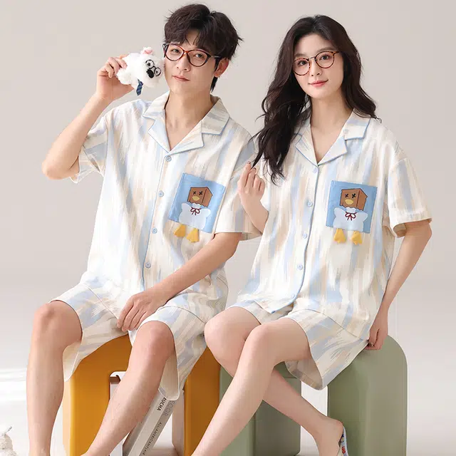 夏芬妍 柔软舒适卡通小鸭纯棉翻领家居服休闲舒适短袖时尚可外穿睡衣套装 男女同款
