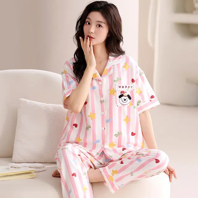 夏芬妍 甜美可爱条纹爱心狗云朵棉舒适亲肤宽松凉感短袖三件套时尚翻领带胸垫可外穿家居服睡衣套装 女款 粉色