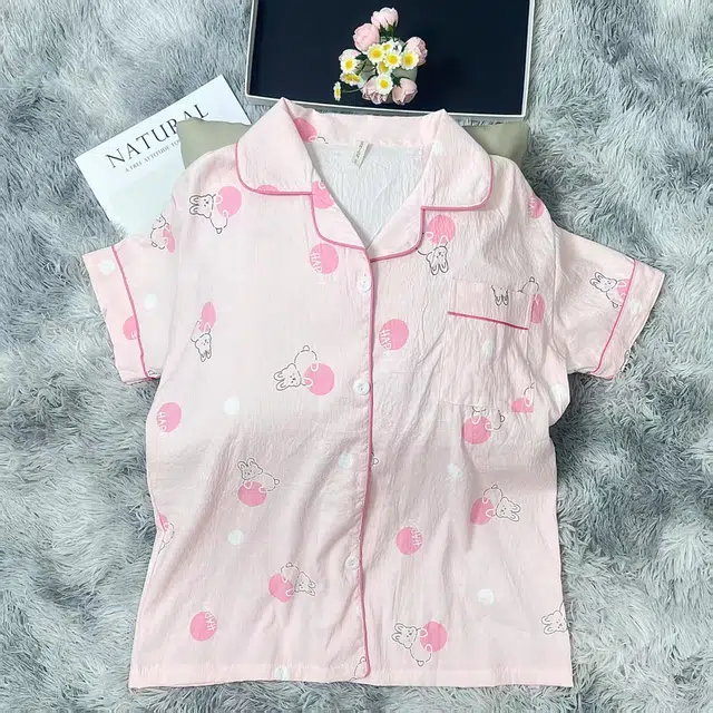 夏芬妍 简约卡通满印波点小兔翻领云朵棉短袖长裤家居服可爱舒适休闲可外穿睡衣套装 女款 粉色