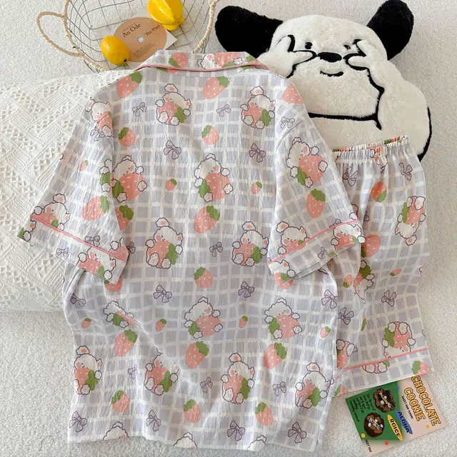 夏芬妍 柔软舒适格子草莓兔云朵棉翻领开衫家居服亲肤休闲短袖短裤休闲可外穿睡衣套装 女款