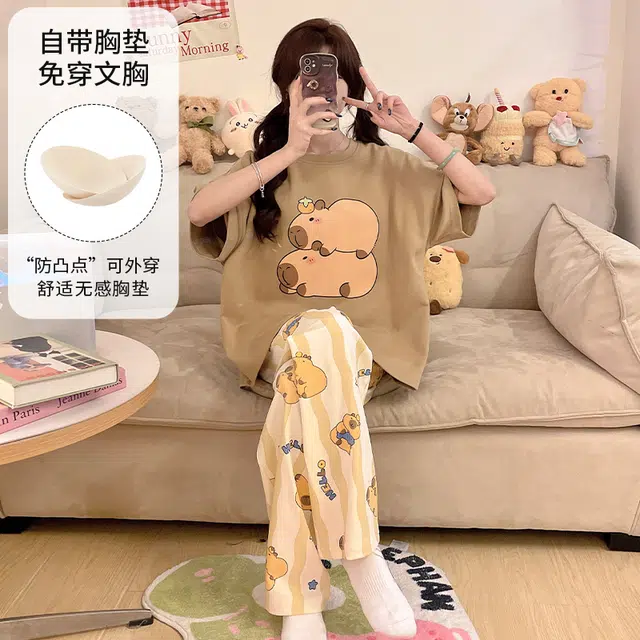 夏芬妍 柔软舒适休闲圆领条纹趴趴狗带胸垫短袖长裤时尚可外穿家居服 睡衣套装 女款 浅棕色