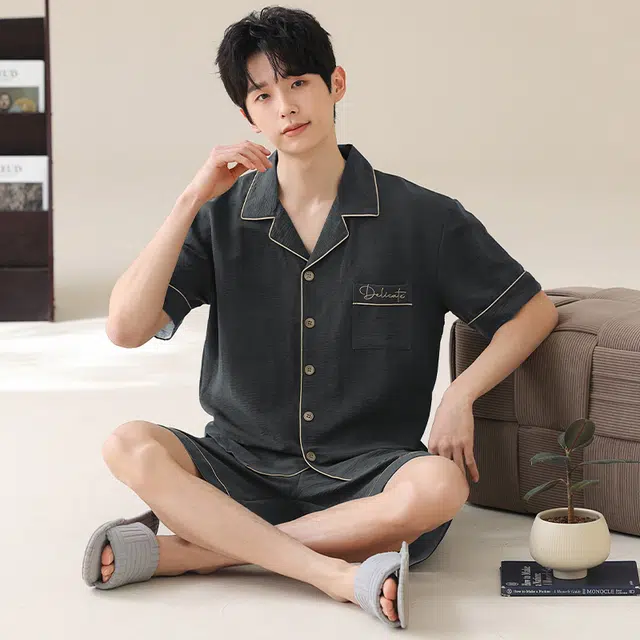 夏芬妍 简约舒适柔软纯色云朵棉翻领开衫家居服亲肤休闲短袖短裤时尚可外穿睡衣套装 男款 深灰色