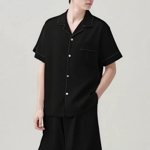 夏芬妍 简约休闲百搭纯色舒适亲肤短袖时尚翻领可外穿家居服睡衣套装 男款 黑色