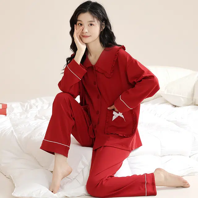 夏芬妍 亲肤舒适蝴蝶结贴袋花边拼接公主领纯棉家居服简约休闲长袖长裤可外穿喜庆本命年睡衣套装 女款 红色