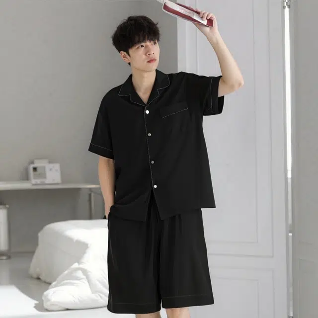 夏芬妍 简约休闲百搭纯色舒适亲肤短袖时尚翻领可外穿家居服睡衣套装 男款 黑色