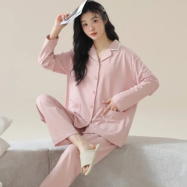 夏芬妍 时尚休闲舒适纯色贴袋翻领家居服亲肤宽松长袖长裤可外穿春秋款睡衣套装 女款 藕粉色