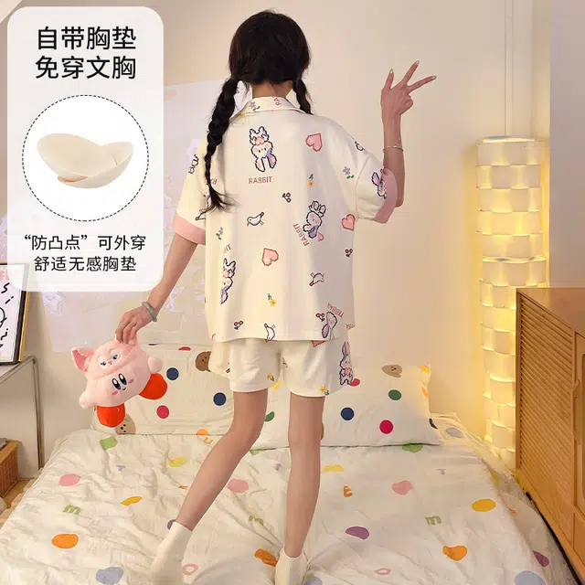 夏芬妍 柔软舒适卡通爱心兔子翻领开衫家居服亲肤短袖短裤休闲带胸垫可外穿睡衣套装 女款