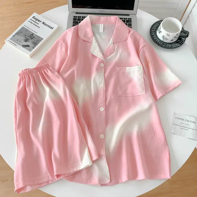 夏芬妍 简约甜美晕染翻领云朵棉短袖短裤家居服柔软舒适休闲可外穿夏季睡衣套装 女款
