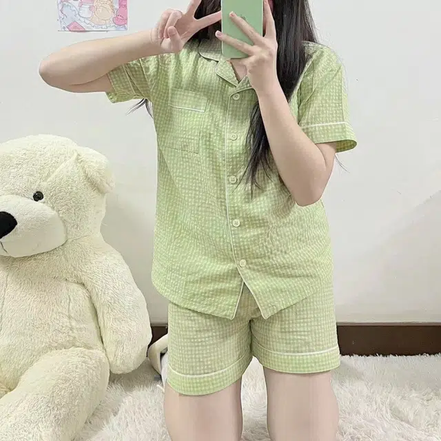 夏芬妍  简约休闲舒适时尚纯色纯棉翻领家居服亲肤宽松短袖短裤可外穿睡衣套装 女款 绿色