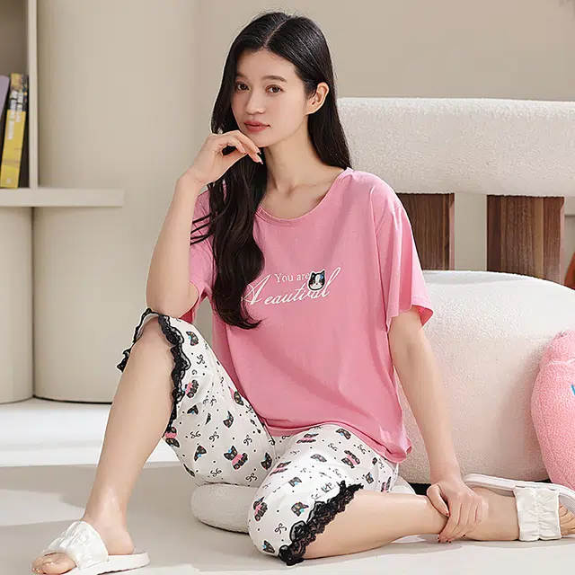 夏芬妍 简约大方柔软蝴蝶结猫咪圆领家居服亲肤休闲舒适短袖七分裤可外穿睡衣套装 女款 粉色