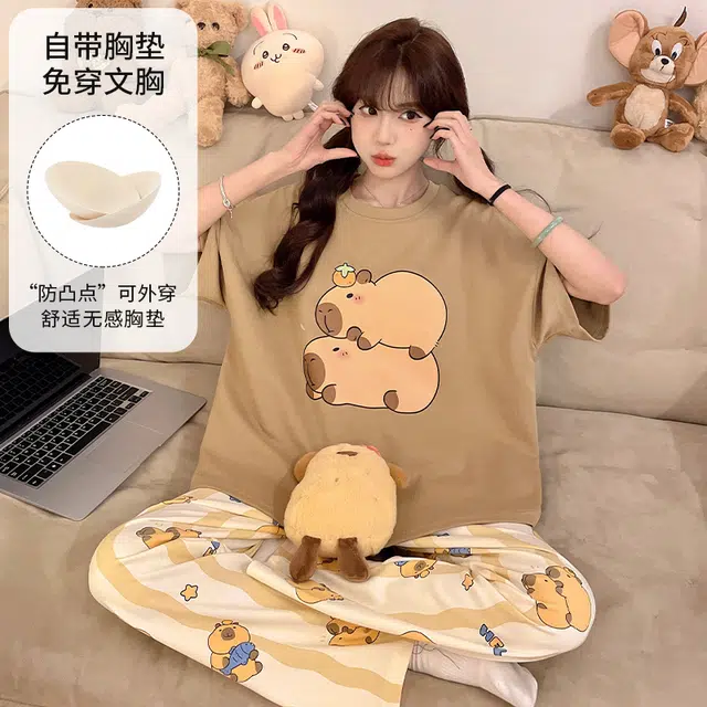 夏芬妍 柔软舒适休闲圆领条纹趴趴狗带胸垫短袖长裤时尚可外穿家居服 睡衣套装 女款 浅棕色