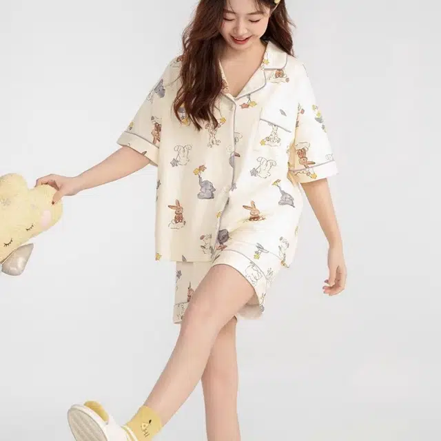 夏芬妍 甜美休闲舒适时尚动物派对纯棉翻领家居服亲肤宽松短袖短裤可外穿睡衣套装 女款 杏色