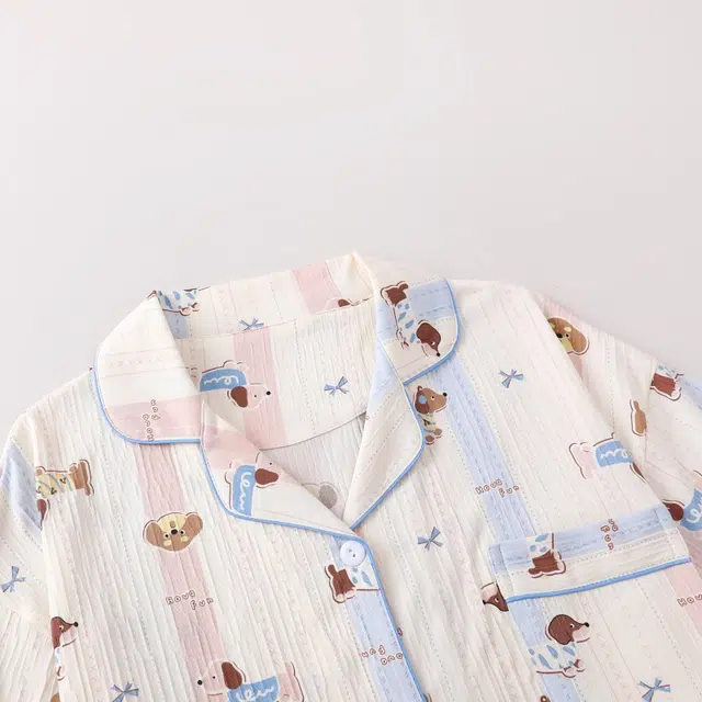 夏芬妍 甜美可爱卡通条纹萌宠翻领云朵棉短袖三件套家居服柔软舒适休闲可外穿睡衣套装 女款